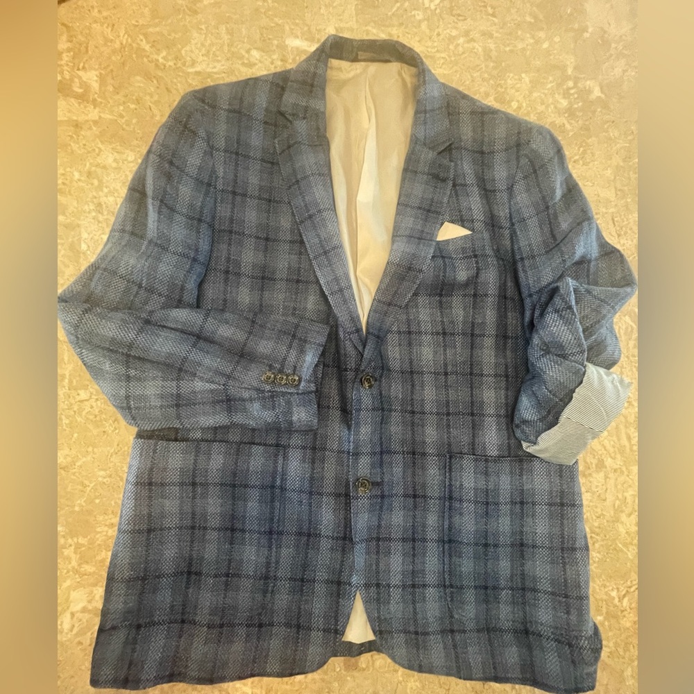 Tasso Elba Men’s Blazer XL (46-48) 100% Linen - Blue-Navy Plaid